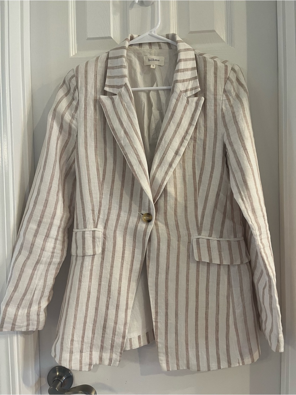 bohme Linen Striped Blazer in Tan and White